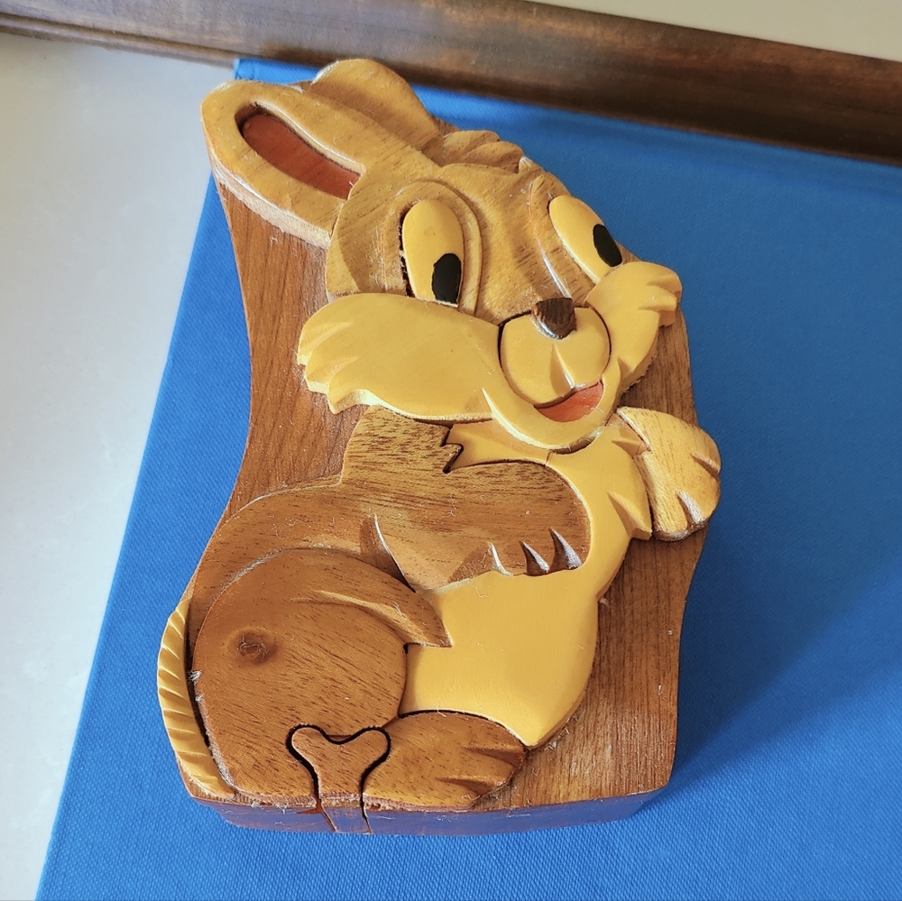 Vintage Intarsia Handcarved Wooden Bunny